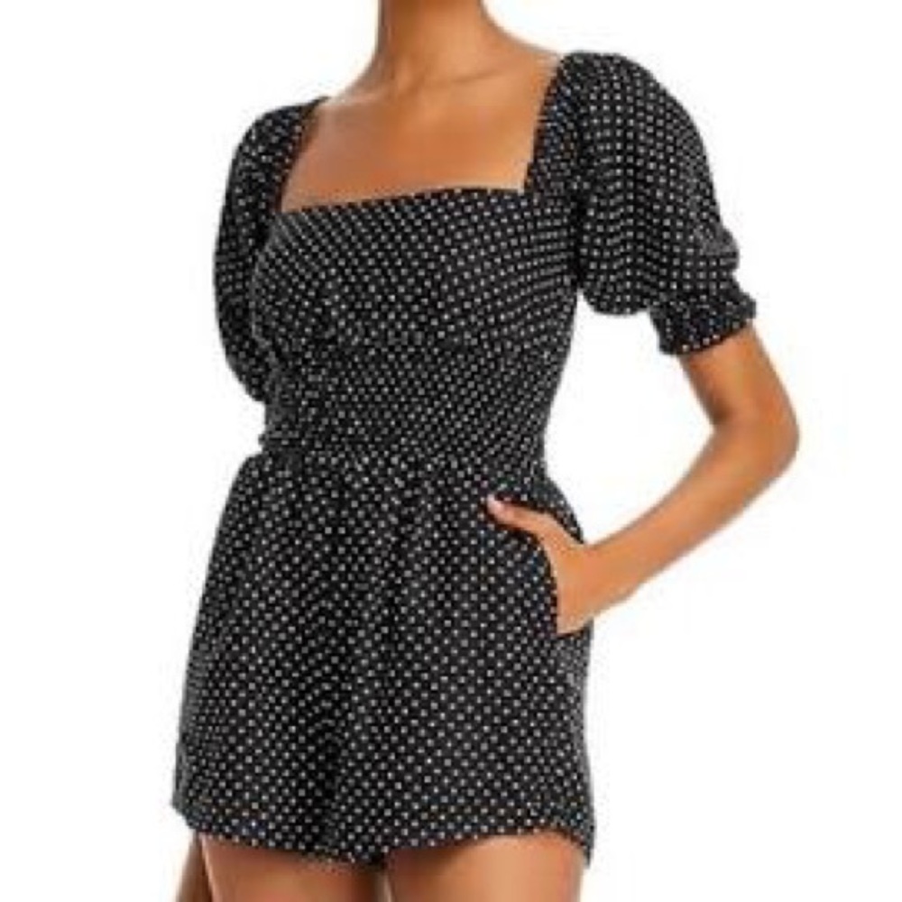 NWT WeWoreWhat Black Polka Dot Wan’s Romper with Puff Sleeves